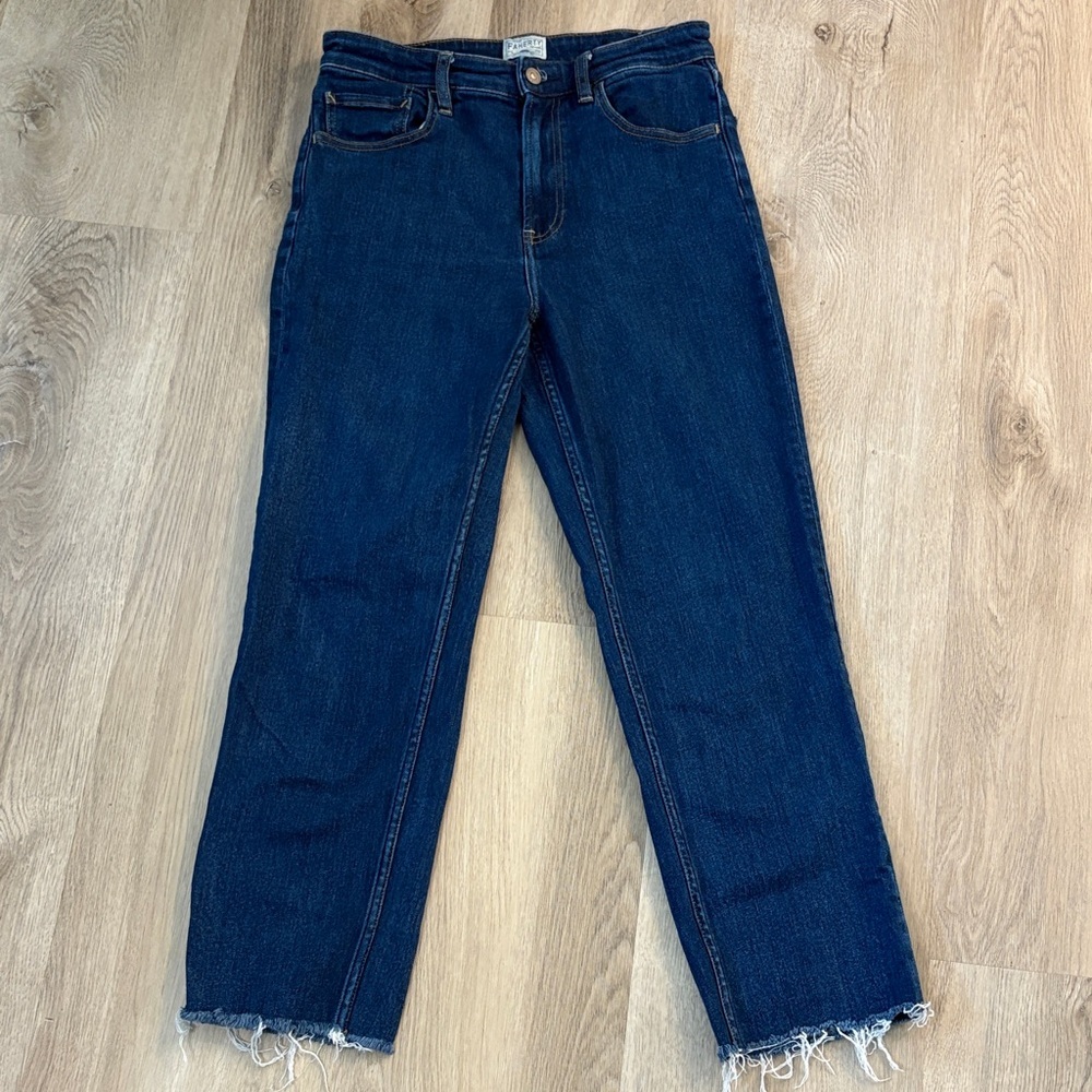 FAHERTY organic cotton straight leg jeans size 29 indigo raw hem dark wash comfy